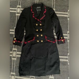 Vintage Rena Lange Black Blazer Dress with Red Trim and Gold Buttons